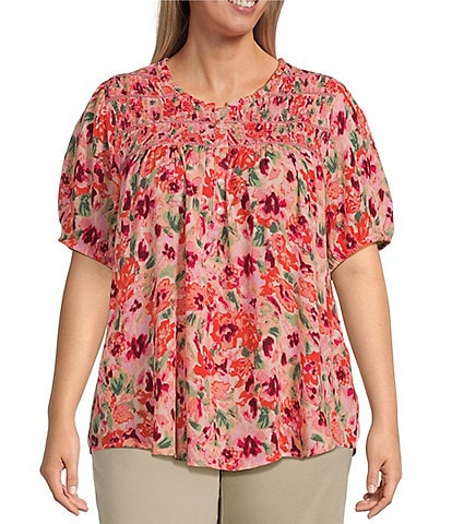 Intro Plus Size Floral Print Frill Scoop Neck Short Sleeve Smocked Yoke Lace Inset Half-Button Front Top