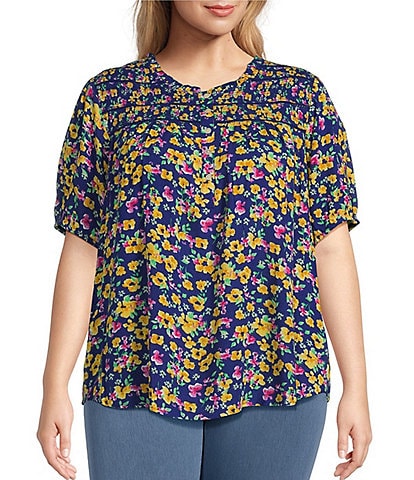 Intro Plus Size Floral Print Frill Scoop Neck Short Sleeve Smocked Yoke Lace Inset Half-Button Front Top