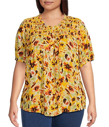 Intro Plus Size Floral Print Frill Scoop Neck Short Sleeve Smocked Yoke Lace Inset Top
