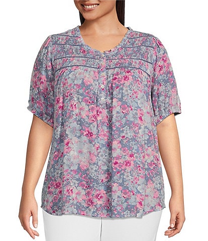Intro Plus Size Floral Print Ruffled Jewel Neck Smocked Yoke Short Puffed Sleeve Half Button Front Top
