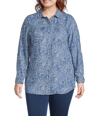 Intro Plus Size Floral Sketch Print Point Collar Long Roll-Tab Sleeve Button Front Shirt