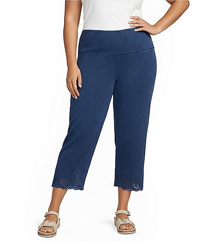 Intro Plus Size Knit Denim Wash Schiffli Straight Leg Hem Pull-On Pants