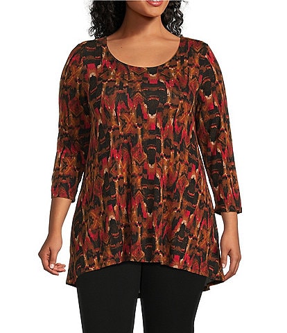 Intro Plus Size Knit Jersey Abstract Geo Print 3/4 Sleeve Pleated Neck Tee