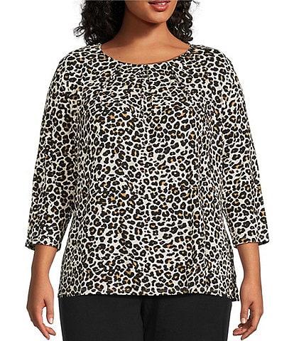 Intro Plus Size Knit Jersey Animal Print 3/4 Sleeve Pleated Neck Tee