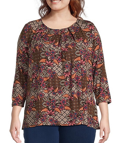 Intro Plus Size Knit Jersey Beaujolais Floral Batik Print 3/4 Sleeve Pleated Neck Tee