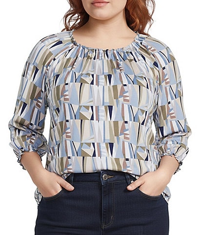 Intro Plus Size Knit Jersey Sand Abstract Print Scoop Neck 3/4 Sleeve Blouse