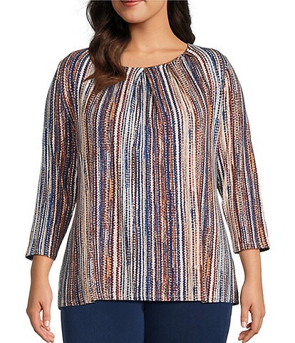 Intro Plus Size Knit Jersey Sand Abstract Stripe 3/4 Sleeve Pleated Neck Tee