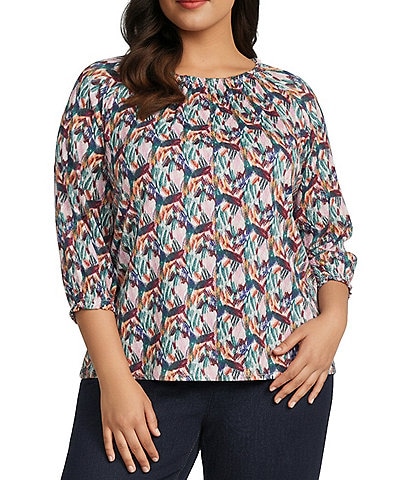 Intro Plus Size Knit Jersey Teal Abstract Print Scoop Neck 3/4 Sleeve Blouse