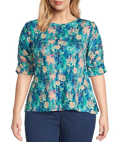 Intro Plus Size Knit Jersey Watercolor Floral Crew Neck Elbow Puff Sleeve Top