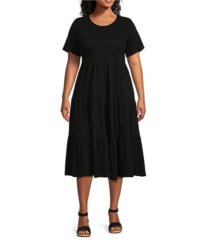Intro Plus Size Knit Short Sleeve Tiered A-Line Midi Dress