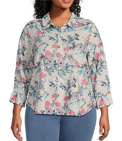 Intro Plus Size Linen Blend Floral Point Collar 3/4 Roll-Tab Sleeve Button-Front Shirt