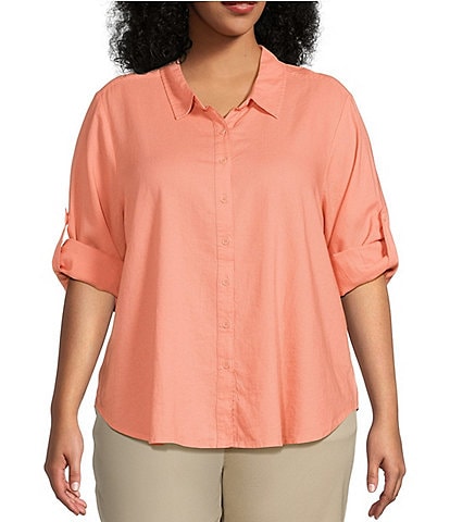 Intro Plus Size Linen Blend Point Collar 3/4 Roll-Tab Sleeve Button-Front Shirt