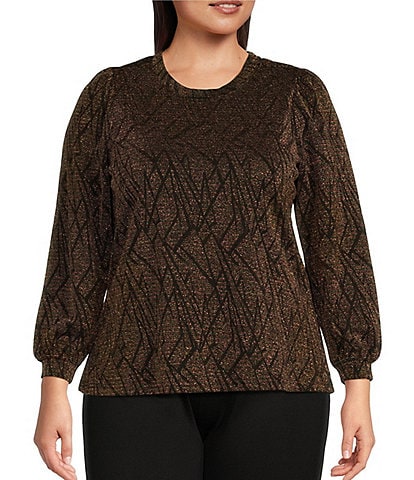 Intro Plus Size Lurex Knit Scoop Neck Long Princess Sleeve Top