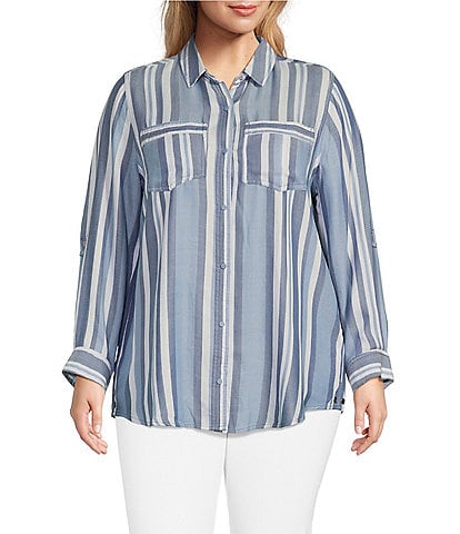 Intro Plus Size Lyocell Yarn Dyed Indigo Stripe Point Collar Roll-Tab Sleeve Snap-Front Shirt