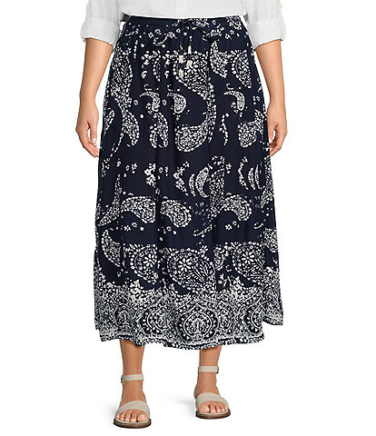 Intro Plus Size Maya Paisley Print Elastic Waist Tassel Drawstring A-Line Pull-On Skirt