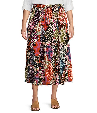 Intro Plus Size Maya Patchwork Print Elastic Waist Tassel Drawstring A-Line Pull-On Skirt