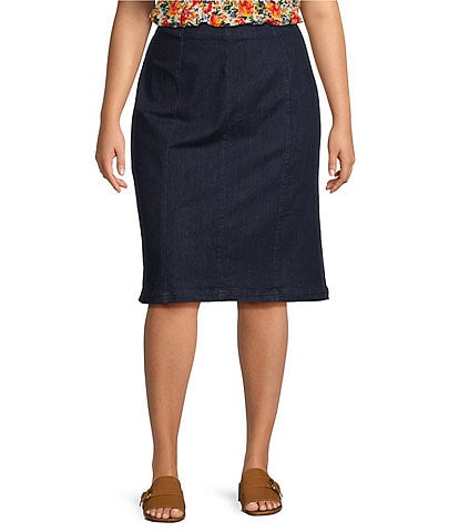 Intro Plus Size Nia Denim Tummy Control Waist Pull-On Pencil Skirt