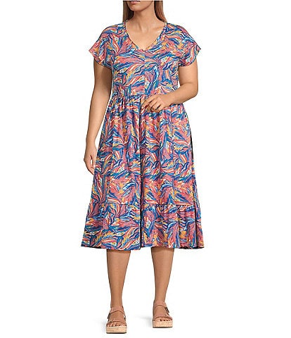 Intro Plus Size Paintbrush Abstract Print V-Neck Cap Sleeve Tiered A-Line Dress