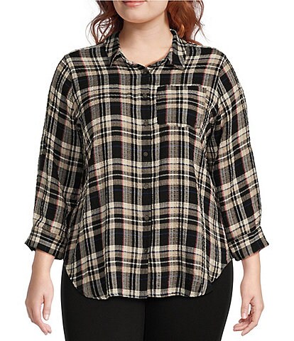 Intro Plus Size Plaid Print Puckered Woven Point Collar Roll-Tab Sleeve Button Front Shirt