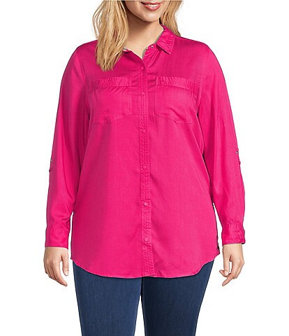 Intro Plus Size Point Collar Long Roll-Tab Sleeve Button Front Shirt