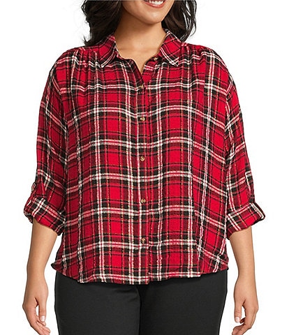 Intro Plus Size Pucker Plaid Point Collar Long Sleeve Button Front Swing Shirt
