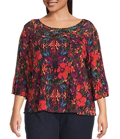Intro Plus Size Soft Mesh Floral Print Crew Neck Elbow Sleeve Top
