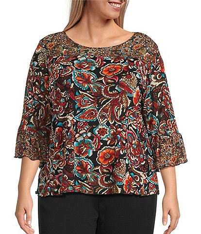 Intro Plus Size Soft Mesh Jacobean Floral Mix Print Crew Neck Elbow Sleeve Top