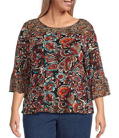 Intro Plus Size Soft Mesh Graphic Jacobean Print 3/4 Romantic Sleeve Top