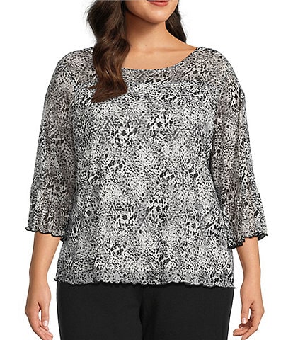 Intro Plus Size Soft Mesh Mini Animal Print Crew Neck Elbow Sleeve Top