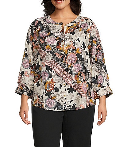 Intro Plus Size Soft Puckered Patch Floral Print Split Round V-Neck 3/4 Sleeve Button Front Shirt