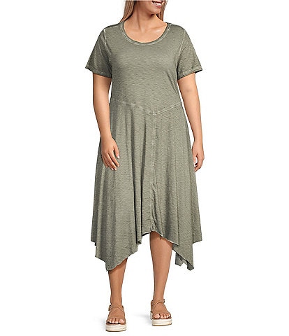 Intro Plus Size Solid Cotton Slub Jersey Knit Scoop Neck Short Sleeve Scarf Hem Dress
