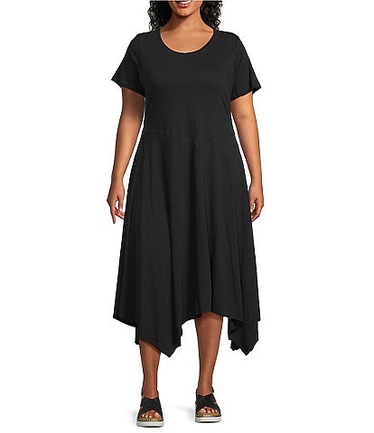 Intro Plus Size Solid Cotton Slub Jersey Knit Scoop Neck Short Sleeve Scarf Hem Dress