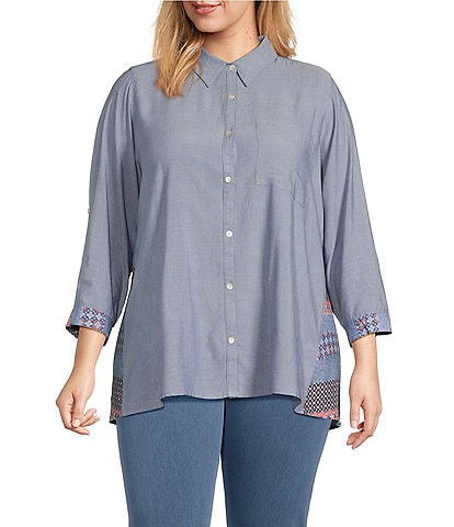 Intro Plus Size Solid Patchwork Print Chambray Roll-Tab Sleeve High-Low Button Front Top