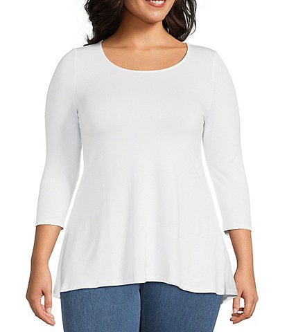 Intro Plus Size Solid Pleat Back Round Neck 3/4 Sleeve Swing Top