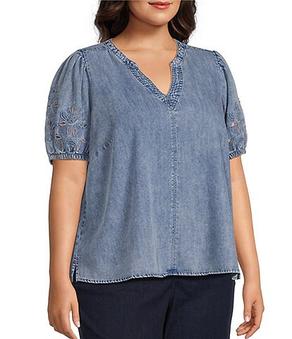 Intro Plus Size Split V-Neck Embroidered Elbow Puff Sleeve Denim Blouse