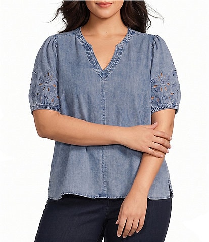 Intro Plus Size Split V-Neck Embroidered Elbow Puff Sleeve Denim Blouse