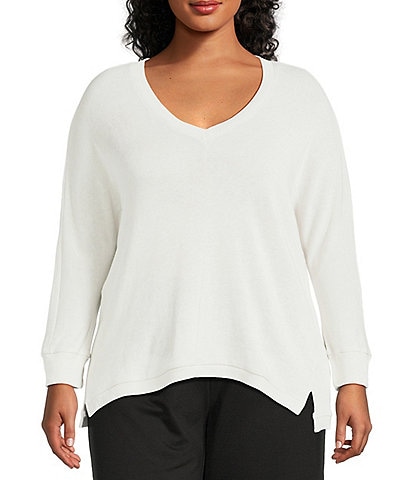 Intro Plus Size V-Neck 3/4 Sleeve Washed Knit Sweater