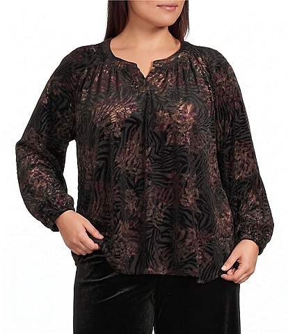 Intro Plus Size Velvet Floral Burnout Split V-Neck Long Sleeve Top
