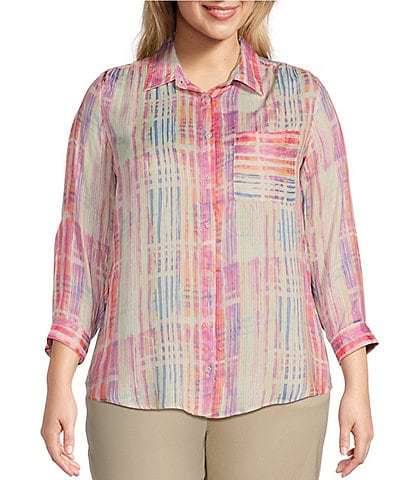 Intro Plus Size Watercolor Plaid Woven Point Collar 3/4 Roll-Tab Sleeve Button-Front Tunic