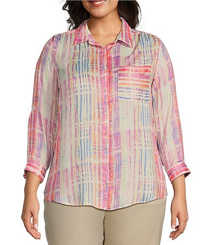 Intro Plus Size Watercolor Plaid Woven Point Collar 3/4 Roll-Tab Sleeve Button-Front Tunic