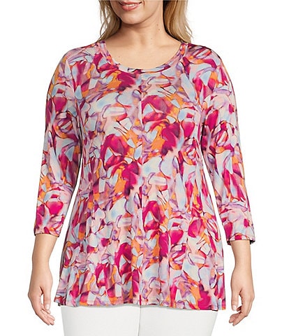 Intro Plus Size Watercolor Print Dubarry Scoop Neck 3/4 Sleeve Flare Hem Top