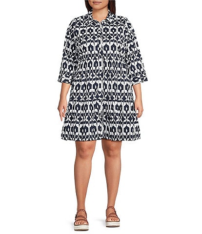 Intro Plus Size Woven Geometric Point Collar 3/4 Roll-Tab Sleeve Tiered Button-Front Shirt Dress