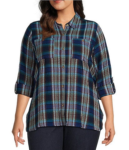 Intro Plus Size Woven Plaid Print Point Collar 3/4 Roll-Tab Sleeve Button Front Shirt