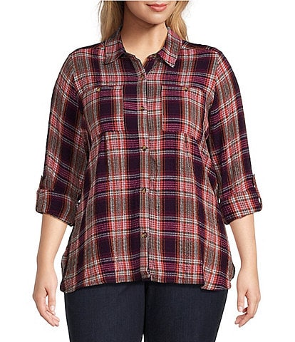 Intro Plus Size Woven Plaid Print Point Collar 3/4 Roll-Tab Sleeve Button Front Shirt