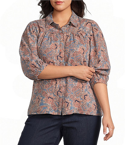 Intro Plus Size Woven Printed Point Collar Long Sleeve Button Front Placket Blouse