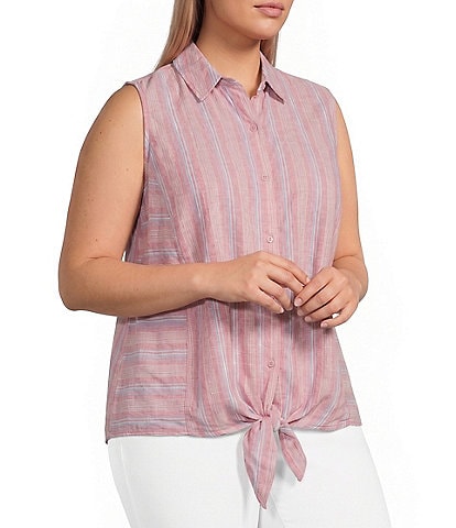 Intro Plus Size Woven Stripe Point Collar Sleeveless Button-Front Tie Hem Shirt
