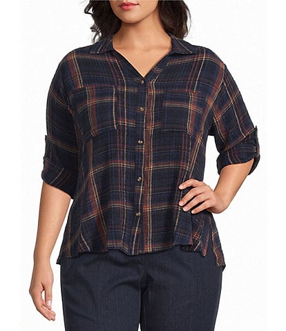 Intro Plus Woven Point Navy Beat Plaid Print Collar Long Roll-Tab Sleeve Button-Front Denim Shirt