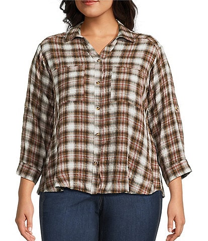 Intro Plus Woven Point Navy Beat Plaid Print Collar Long Roll-Tab Sleeve Button-Front Shirt