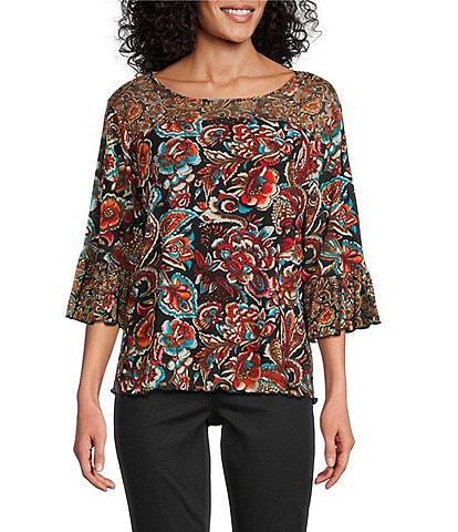 Intro Petite Size Soft Mesh Graphic Jacobean Print 3/4 Romantic Sleeve Top