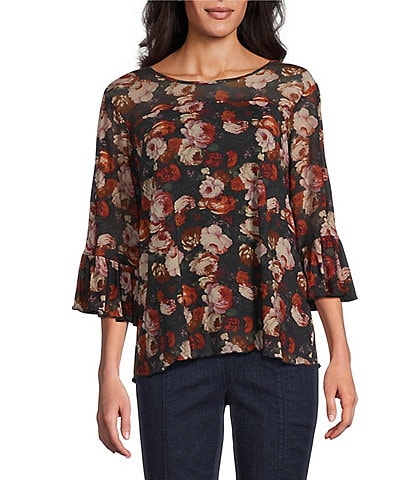 Intro Soft Mesh Rose Print 3/4 Romantic Sleeve Top